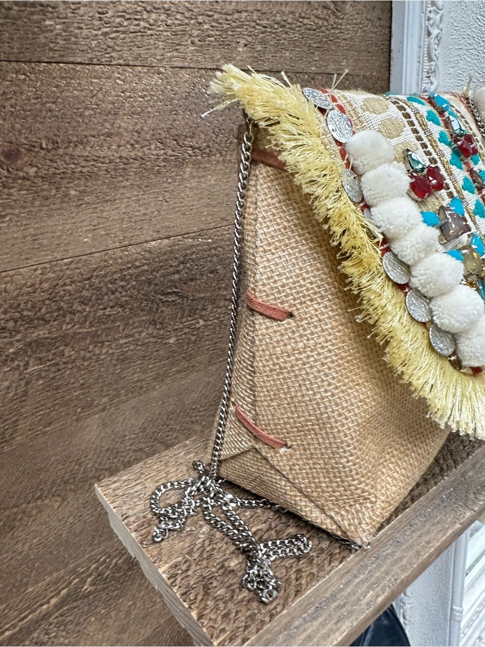 AREA Stars Embellished Boho Fringe Crossbody Clutch Bag Pom Pom Beaded - Picture 5 of 9